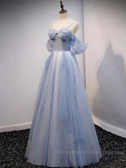Glitter A-Line Princess Off Shoulder Tulle Gray Blue Long Semi Formal Prom Dress Sparkly Evening Dress