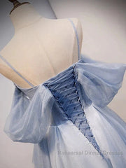 Glitter A-Line Princess Off Shoulder Tulle Gray Blue Long Semi Formal Prom Dress Sparkly Evening Dress