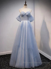 Glitter A-Line Princess Off Shoulder Tulle Gray Blue Long Semi Formal Prom Dress Sparkly Evening Dress