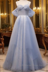 Glitter A-Line Princess Off Shoulder Tulle Gray Blue Long Semi Formal Prom Dress Sparkly Evening Dress