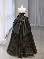 Glitter A-Line Sweetheart Neck Tulle Satin Ballgown Black Long Semi Formal Prom Dress Sparkly Evening Dress
