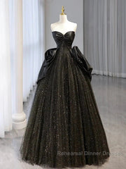 Glitter A-Line Sweetheart Neck Tulle Satin Ballgown Black Long Semi Formal Prom Dress Sparkly Evening Dress