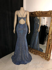 Glitter Mermaid Semi Formal Prom Dresses Long Spaghetti Straps V Neck Open Back Formal Evening Party Gowns