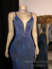 Glitter Mermaid Semi Formal Prom Dresses Long Spaghetti Straps V Neck Open Back Formal Evening Party Gowns