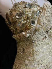 Gold A-Line Spaghetti Strap Satin Lace Long Semi Formal Prom Dress With Beaded Appliques