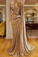 Gold Evening Dresses A-Line V-Neck Long Sleeves Sequins Long Turkey Dubai Saudi Arabic Evening Gown Semi Formal Prom Dresses