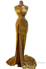 Gold Evening Dresses Sheath High Collar Velvet Beaded Slit Long Turkey Dubai Saudi Arabic Evening Gown Semi Formal Prom Dresses