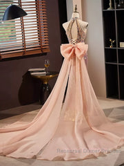 Gold Halter Beading Sequin Mermaid Semi Formal Prom Dress With Detachable Bow