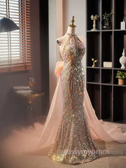 Gold Halter Beading Sequin Mermaid Semi Formal Prom Dress With Detachable Bow