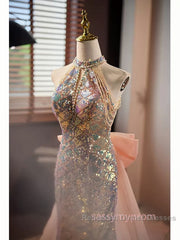 Gold Halter Beading Sequin Mermaid Semi Formal Prom Dress With Detachable Bow
