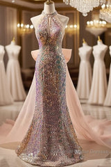 Gold Halter Beading Sequin Mermaid Semi Formal Prom Dress With Detachable Bow