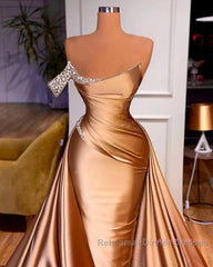 Gold Satin One Shoulder Overskirt Semi Formal Prom Dress
