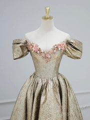 Gold Satin V-Neck Long Semi Formal Prom Dress With Flowers, Off The Shoulder A-Line Formal Dress