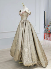 Gold Satin V-Neck Long Semi Formal Prom Dress With Flowers, Off The Shoulder A-Line Formal Dress