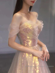 Gold Sparkle A Line Tulle Sequin Long Semi Formal Prom Dress