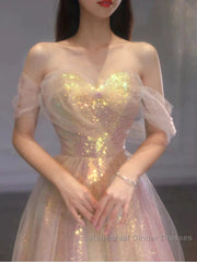 Gold Sparkle A Line Tulle Sequin Long Semi Formal Prom Dress