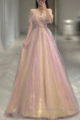 Gold Sparkle A Line Tulle Sequin Long Semi Formal Prom Dress