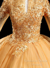 Gold Tulle Long Sleeves Lace Applique Formal Dress, Ball Gown Sweet 16 Dress