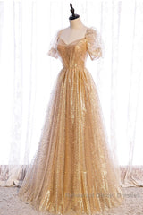 Gold Tulle V Neck Long Semi Formal Prom Dress Gold Tulle Formal Dress