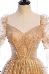 Gold Tulle V Neck Long Semi Formal Prom Dress Gold Tulle Formal Dress