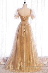 Gold Tulle V Neck Long Semi Formal Prom Dress Gold Tulle Formal Dress