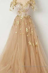 Golden Short Sleeves A-Line Tulle Semi Formal Prom Dress,