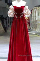 Gorgeous A Line Off The Shoulder Velvet Red Semi Formal Prom Dress