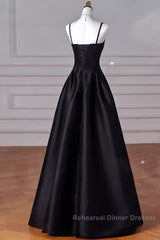 Gorgeous A Line Straps Satin Black Semi Formal Prom Dress