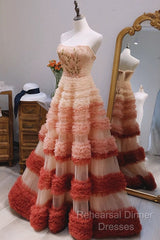 Gorgeous Balll Gown Strapless Tulle Pink Ruffles Long Evening Dress Semi Formal Prom Dresses