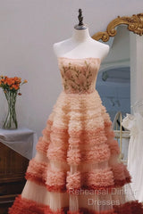 Gorgeous Balll Gown Strapless Tulle Pink Ruffles Long Evening Dress Semi Formal Prom Dresses