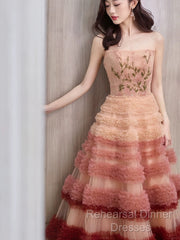 Gorgeous Balll Gown Strapless Tulle Pink Ruffles Long Evening Dress Semi Formal Prom Dresses