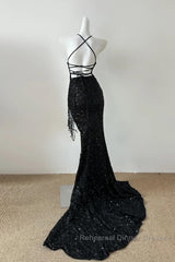 Gorgeous Black Sequin Mermaid Spaghetti Strap Vling Long Semi Formal Prom Dress Backless Formal Evening Dress