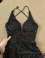 Gorgeous Black Sequin Mermaid Spaghetti Strap Vling Long Semi Formal Prom Dress Backless Formal Evening Dress
