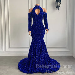 Gorgeous High Neck Long Sleeve Royal Blue Semi Formal Prom Dresses Sequins Party Dress