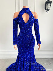 Gorgeous High Neck Long Sleeve Royal Blue Semi Formal Prom Dresses Sequins Party Dress