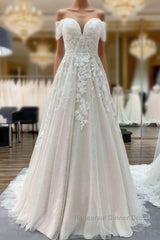 Gorgeous Long A-line Off-the-shoulder Tulle Lace Appliques Wedding Dresses