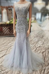 Gorgeous Mermaid Backless Silver Grey Sequins Semi Formal Prom Dresses, Mermaid Silver Grey Formal Dresses, Shiny Silver Grey Evening Dresses