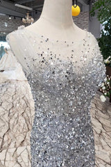 Gorgeous Mermaid Backless Silver Grey Sequins Semi Formal Prom Dresses, Mermaid Silver Grey Formal Dresses, Shiny Silver Grey Evening Dresses
