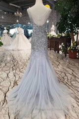 Gorgeous Mermaid Backless Silver Grey Sequins Semi Formal Prom Dresses, Mermaid Silver Grey Formal Dresses, Shiny Silver Grey Evening Dresses