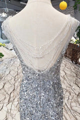 Gorgeous Mermaid Backless Silver Grey Sequins Semi Formal Prom Dresses, Mermaid Silver Grey Formal Dresses, Shiny Silver Grey Evening Dresses