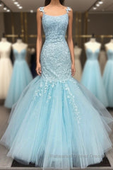 Gorgeous Mermaid Light Blue Lace Long Semi Formal Prom Dresses, Light Blue Mermaid Lace Formal Dresses, Mermaid Lace Evening Dresses
