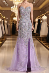 Gorgeous Mermaid Strapless Purple Beaded Long Semi Formal Prom Dresses, Mermaid Purple Beaded Formal Evening Dresses, Purple Ball Gown