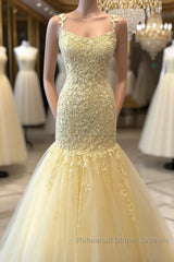 Gorgeous Mermaid Yellow Lace Long Semi Formal Prom Dresses, Mermaid Yellow Formal Dresses, Yellow Lace Evening Dresses