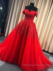 Gorgeous Off Shoulder Red Lace Long Semi Formal Prom Dresses, Red Lace Formal Evening Dresses, Red Ball Gown