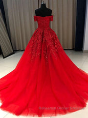 Gorgeous Off Shoulder Red Lace Long Semi Formal Prom Dresses, Red Lace Formal Evening Dresses, Red Ball Gown