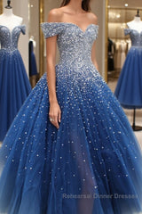 Gorgeous Off Shoulder Sequins Blue Long Semi Formal Prom Dresses, Shiny Sequins Blue Formal Evening Dresses, Blue Ball Gown