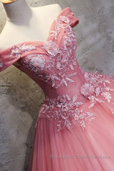 Gorgeous Off the Shoulder Pink Lace Appliques Long Semi Formal Prom Dresses, Off Shoulder Pink Formal Dresses, Pink Evening Dresses, Ball Gown