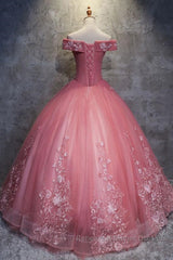 Gorgeous Off the Shoulder Pink Lace Appliques Long Semi Formal Prom Dresses, Off Shoulder Pink Formal Dresses, Pink Evening Dresses, Ball Gown