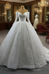 Gorgeous Off The Shoulder Sparkly Ball Gown Sequin Wedding Dresses With Sleeves