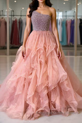 Gorgeous One Shoulder Beaded Pink Long Semi Formal Prom Dresses, Fluffy Pink Formal Evening Dresses, Beaded Ball Gown